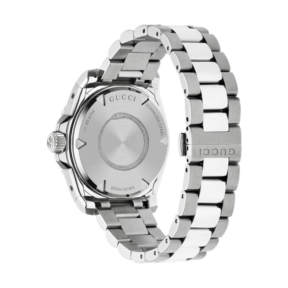 Silver Gucci watch on a light gray background