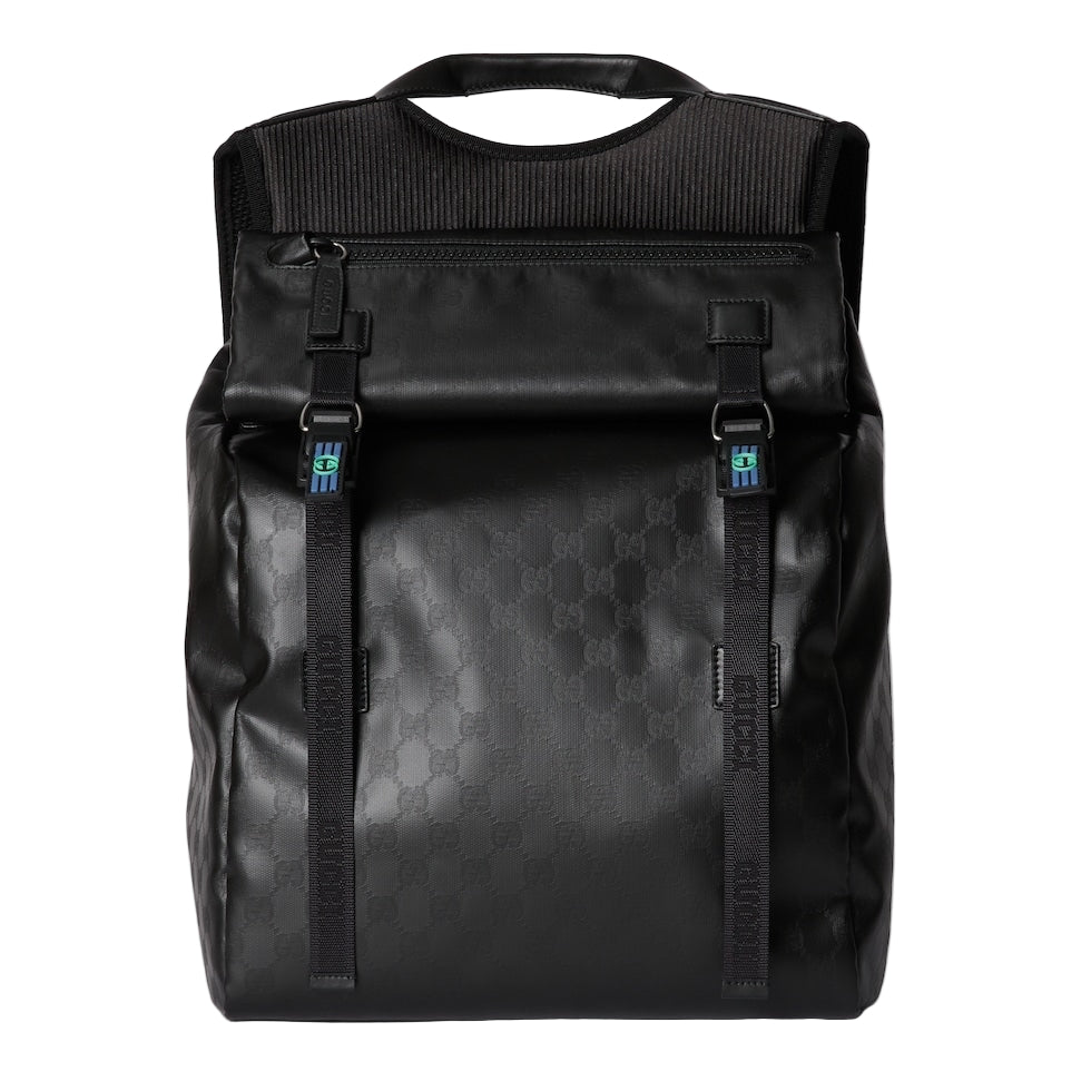 Black backpack with a pattern on a light gray background