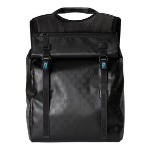 Black backpack with a pattern on a light gray background