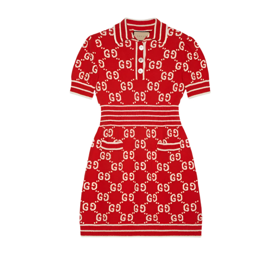 Red dress with Gucci logo pattern on a light gray background