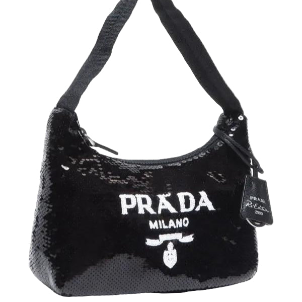 Black sequin handbag with Prada logo on a white background