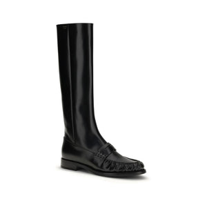 Prada Black Calf Leather Bos Taurus Flat Boots