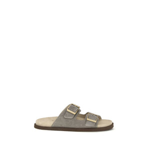 Brunello Cucinelli Gray Calf Leather Bos Taurus Sandals