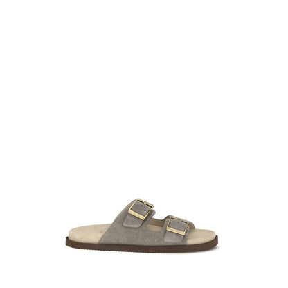 Brunello Cucinelli Gray Calf Leather Bos Taurus Sandals