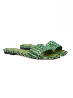Jimmy Choo Green Satin Crystal Clovis Flat