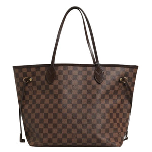Brown checkered handbag with black handles on a white background