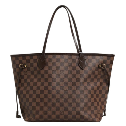 Brown checkered handbag with black handles on a white background