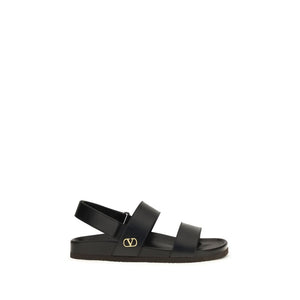 Valentino Garavani Black Calf Leather Bos Taurus Flat Sandals