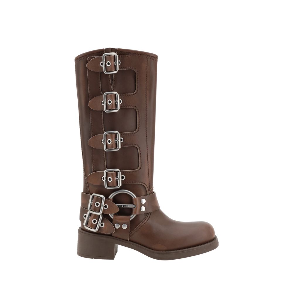 Miu Miu Brown Calf Leather Bos Taurus Lace-Up Boots