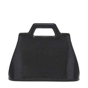 Black handbag with a handle on a white background