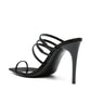 Black high-heeled sandal with multiple straps on a white background
