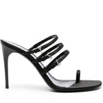 Black high-heeled sandal with multiple straps on a white background