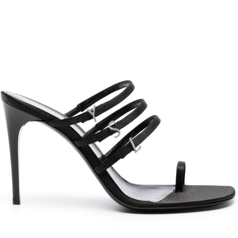 Black high-heeled sandal with multiple straps on a white background