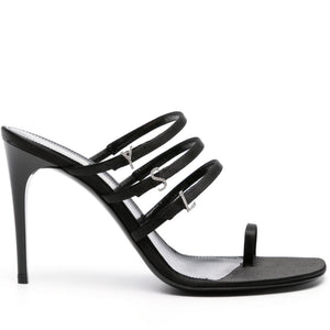 Black high-heeled sandal with multiple straps on a white background