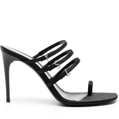 Black high-heeled sandal with multiple straps on a white background