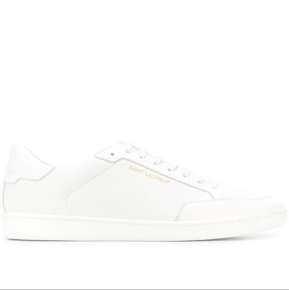 White sneaker with brand logo on a white background