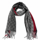 Gucci Monogram Grey Cashmere & Wool Scarf with Red & Black Stripe