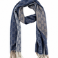 Gucci Monogram Blue Cashmere & Wool Scarf with Beige & Cream Fringe