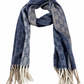 Gucci Monogram Blue Cashmere & Wool Scarf with Beige & Cream Fringe