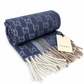 Gucci Monogram Blue Cashmere & Wool Scarf with Beige & Cream Fringe