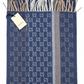 Gucci Monogram Blue Cashmere & Wool Scarf with Beige & Cream Fringe