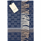 Gucci Monogram Blue Cashmere & Wool Scarf with Beige & Cream Fringe