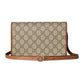 Beige handbag with brown leather strap on a light gray background