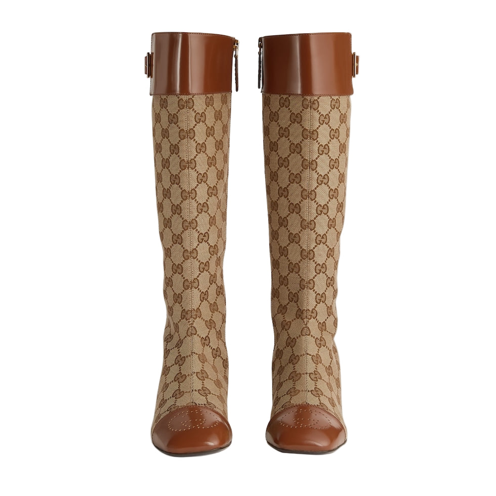 Beige and brown patterned knee-high boots on a white background