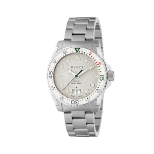 Silver Gucci watch with detailed face on a white background