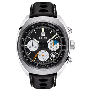 Tissot chronograph watch with a silver stainless steel case, black dial, and black perforated leather strap with white stitching, shown on a white background.