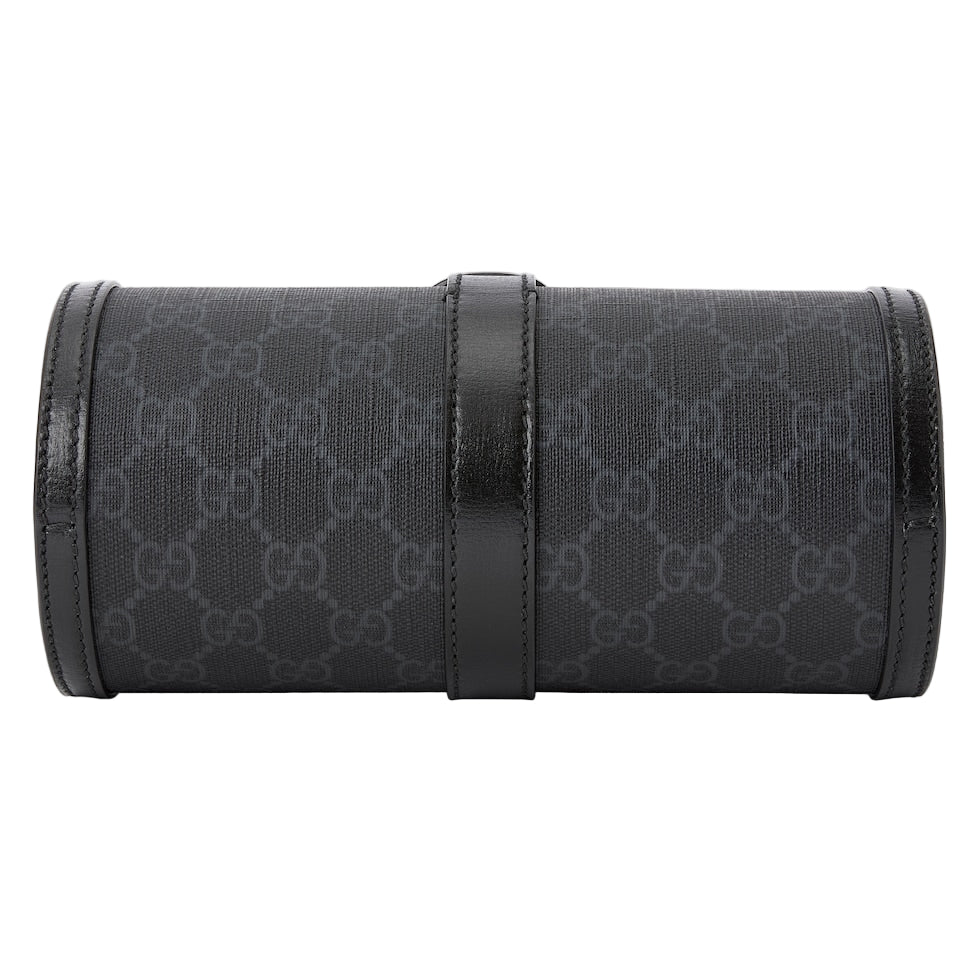 Black Gucci-patterned clutch bag on a light gray background