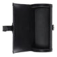 Black leather clutch bag with visible brand logo on a light gray background