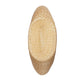Beige woven cylindrical pillow on a light gray background