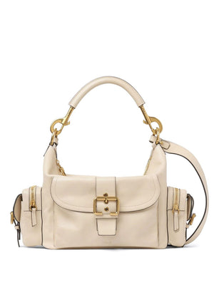 Beige handbag with gold accents on a white background