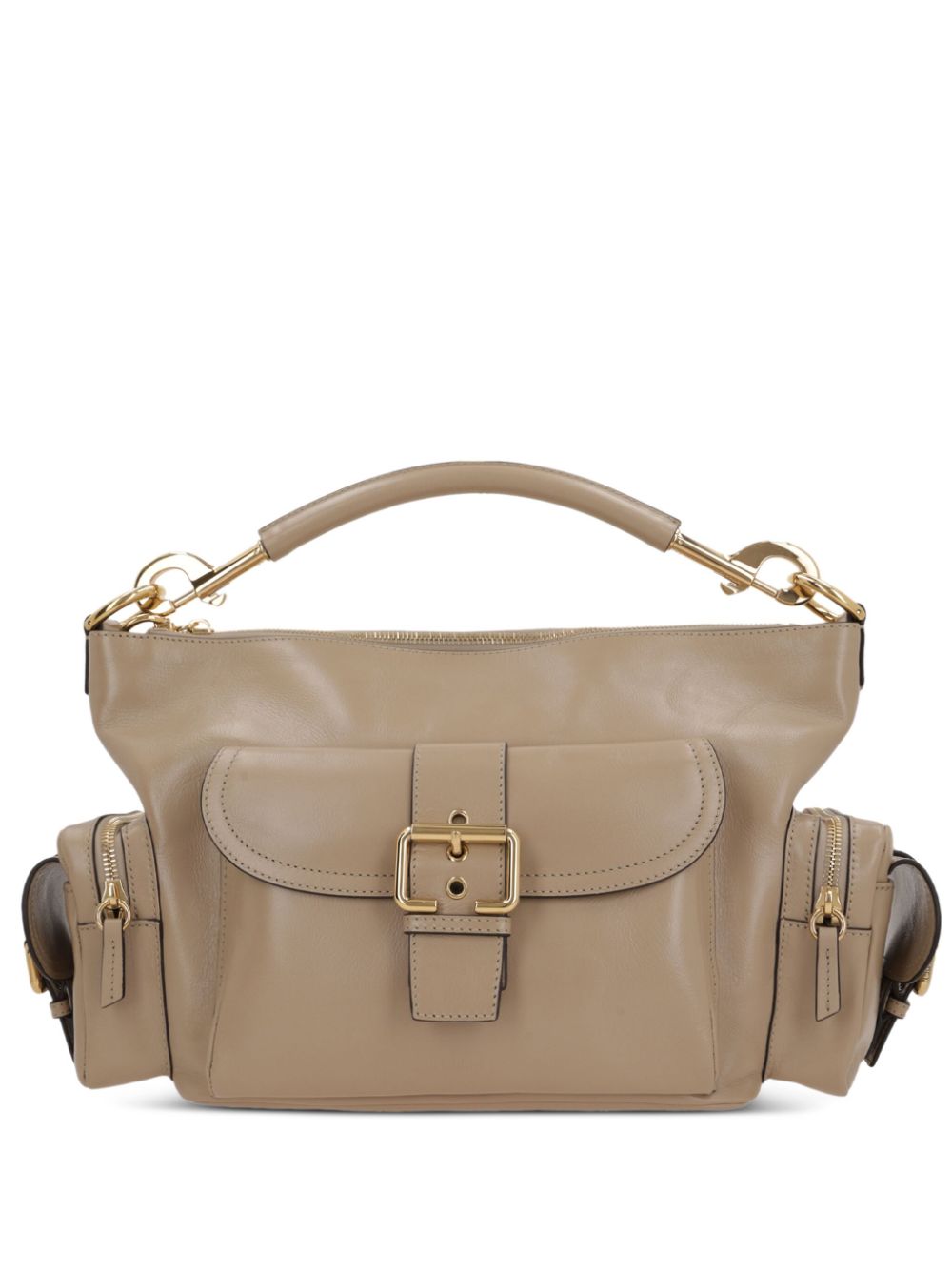 Beige handbag with gold accents on a white background