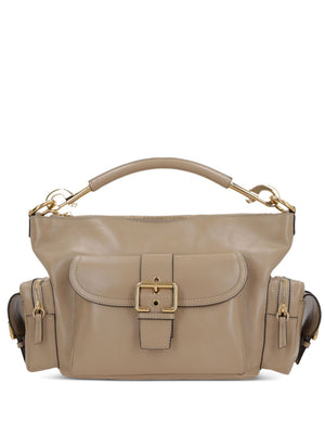 Beige handbag with gold accents on a white background