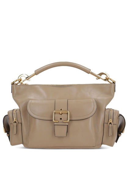 Beige handbag with gold accents on a white background