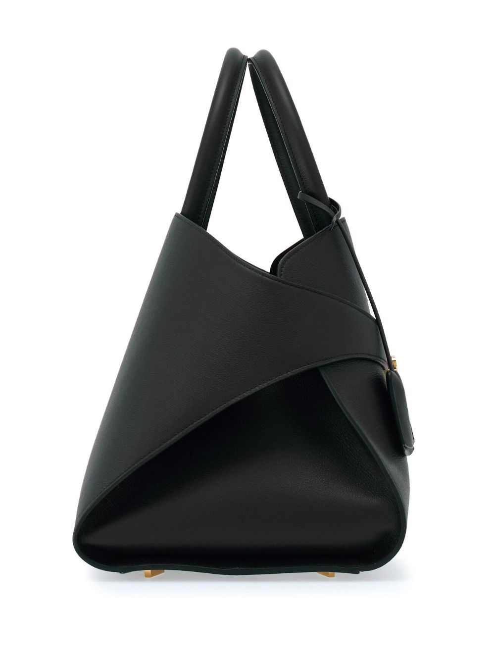 Black handbag with a unique design on a white background
