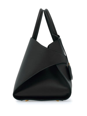 Black handbag with a unique design on a white background