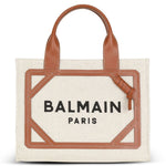 Balmain Paris tote bag with brown leather handle and trim on a white background