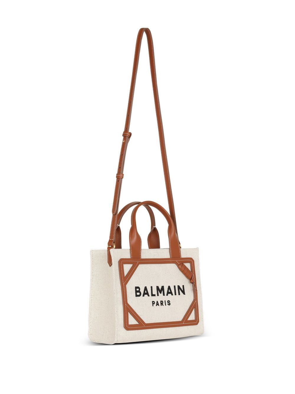 Balmain Paris tote bag with brown leather accents on a white background