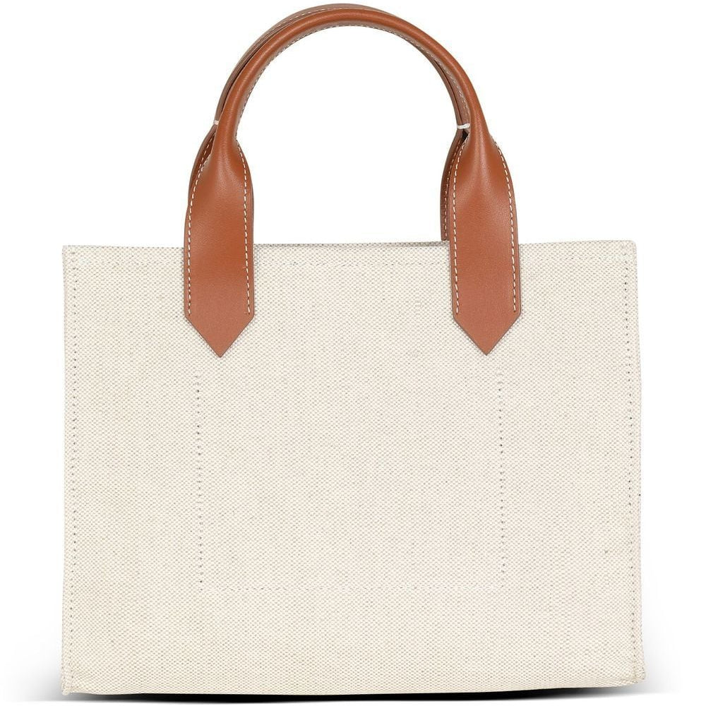 Beige tote bag with brown leather handles on a white background