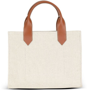 Beige tote bag with brown leather handles on a white background