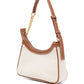 White handbag with brown leather accents on a white background