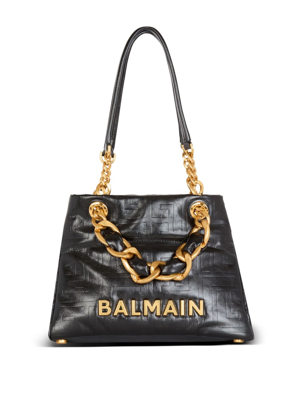 Black handbag with gold chain handle and 'Balmain' branding on a white background