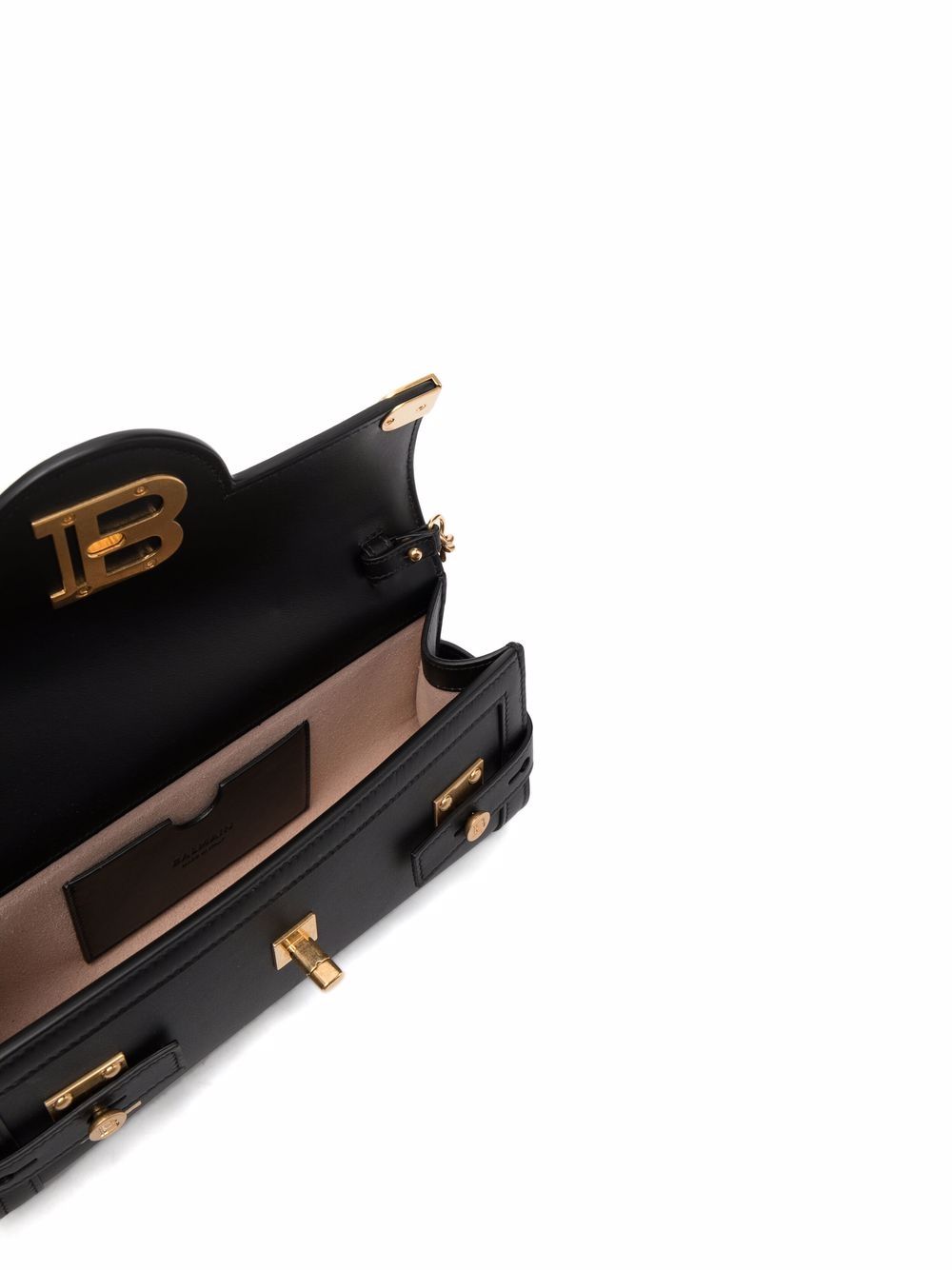 Black handbag with gold accents on a white background