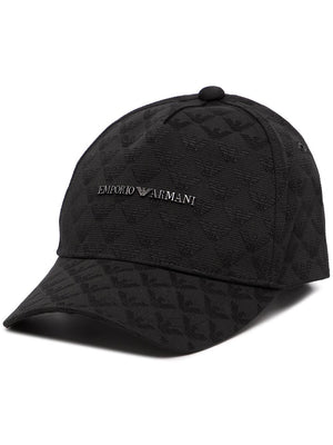 Black cap with quilted pattern and Emporio Armani logo on a white background