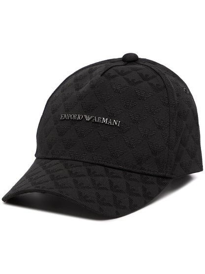 Black cap with quilted pattern and Emporio Armani logo on a white background