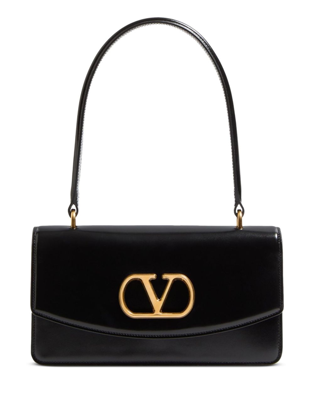 Black handbag with gold logo on a white background