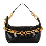 Black handbag with gold chain details on a white background